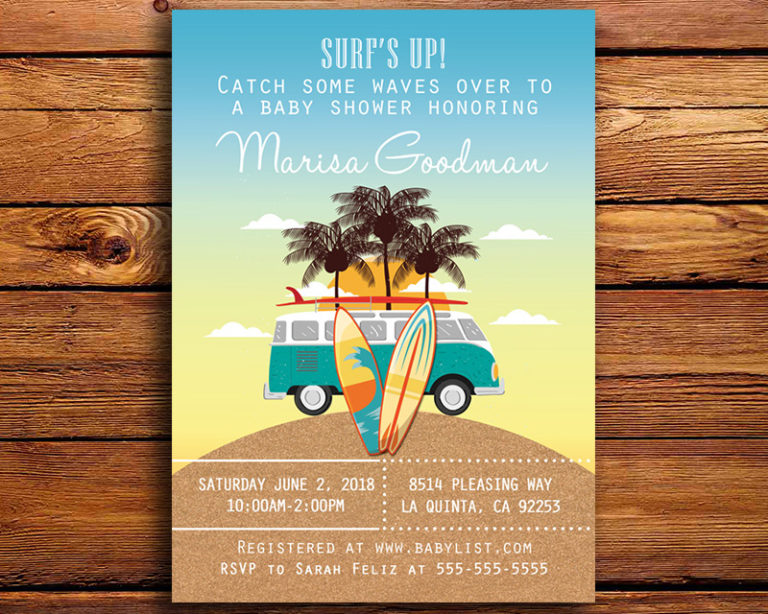 Surfing & Beach Themed Baby Shower Invitation | The Baby Bee